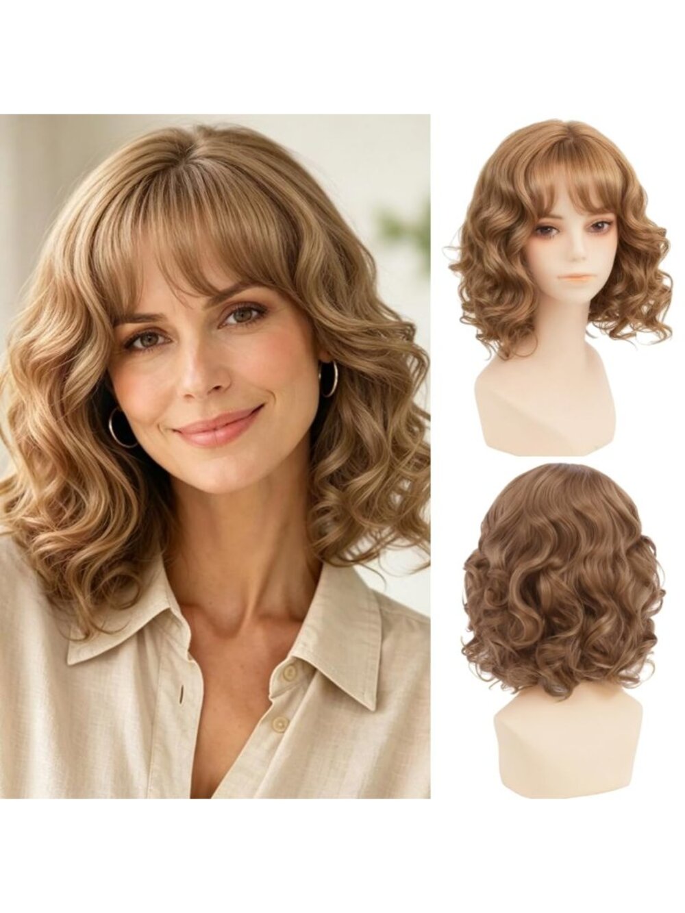 Women's Blonde Brown Shoulder Length Modern Short Curly Natural Wigs with Bangs